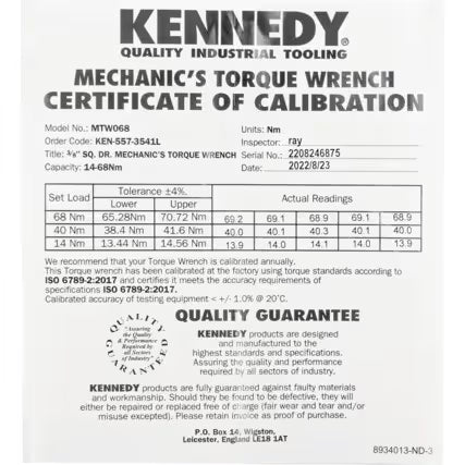 KENNEDY 3/8in Drive Mechanics Torque Wrench Calibration KENNEDY