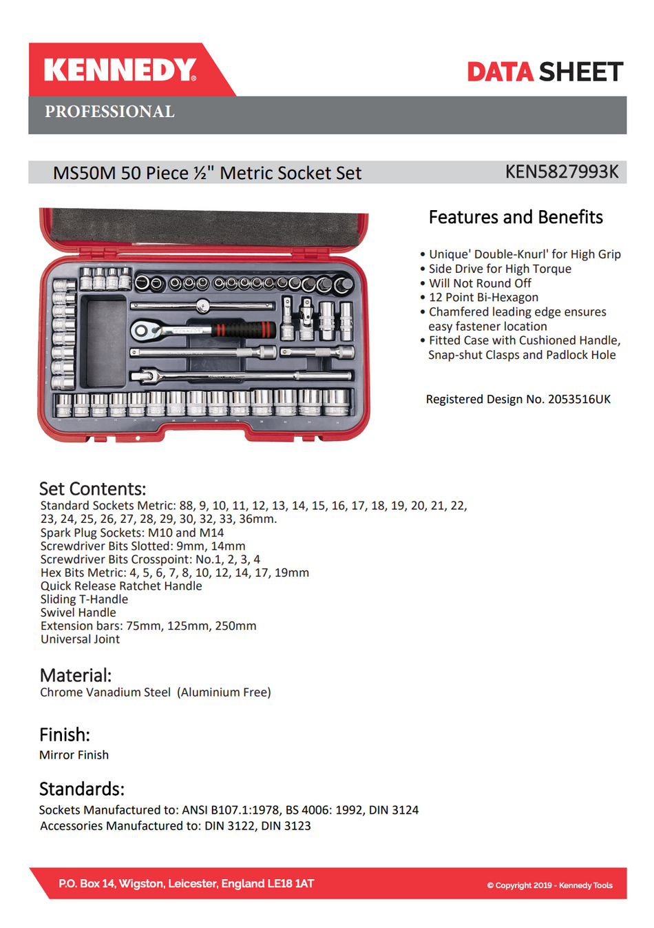 KennedyPro 1/2in. Socket Set Datasheet – 50-piece metric set made from chrome vanadium steel. Ideal for professionals needing durability, precision & full socket range.