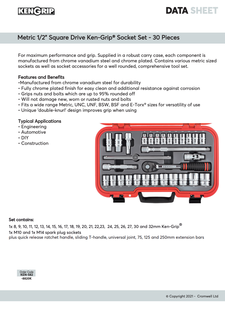 Kengrip 1/2in. Metric Socket Set (30PCS) | KEN5828820K