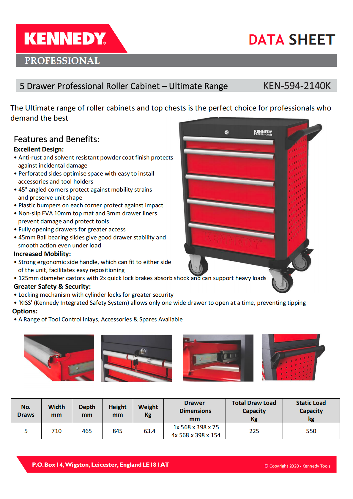 Kennedy 5 Drawers Roller Cabinet, Red/Grey, Steel, 550kg | KEN5942140K ...