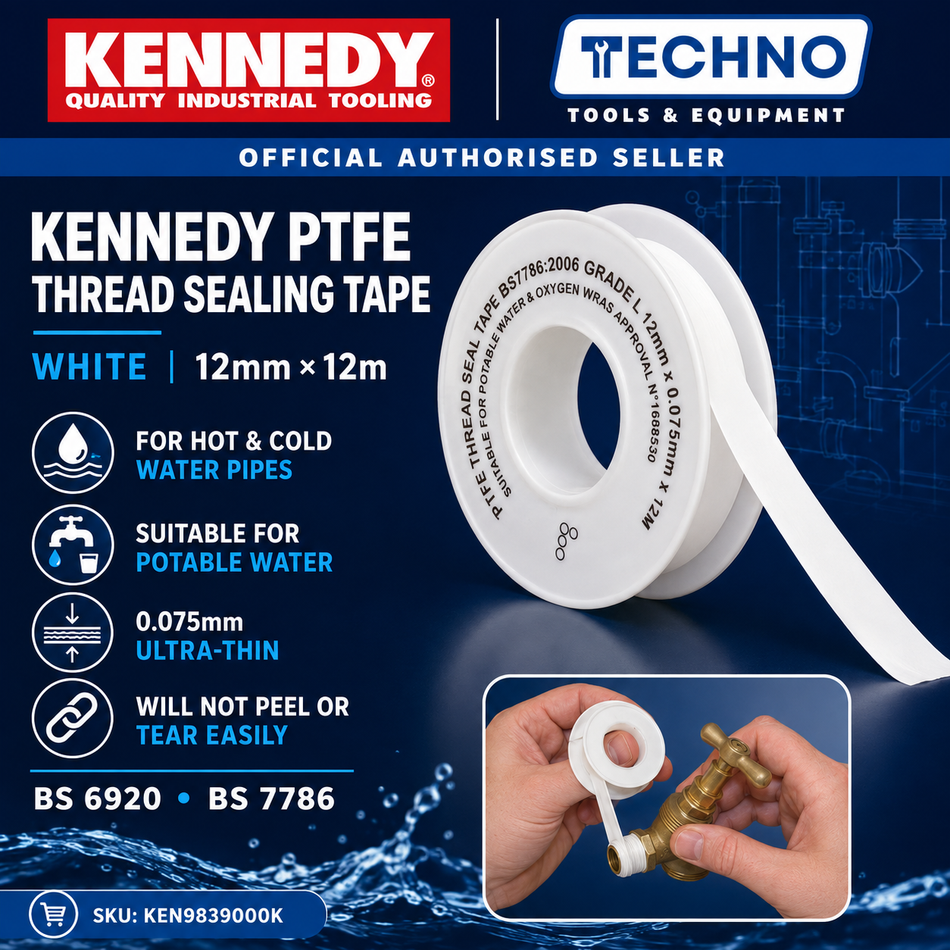 Kennedy PTFE Thread Sealing Tape White 12mm x 12m | BS 6920 BS 7786 KEN9839000K KENNEDY