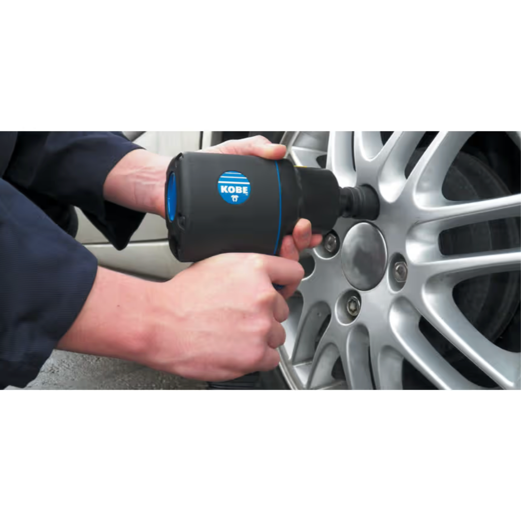 Kobe B7444 air impact wrench in use on automotive wheel lug nuts (KBE2704040K)
