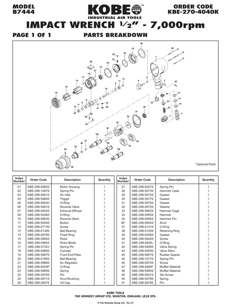 Kobe B7444 exploded parts diagram and spare part listing (KBE2704040K)
