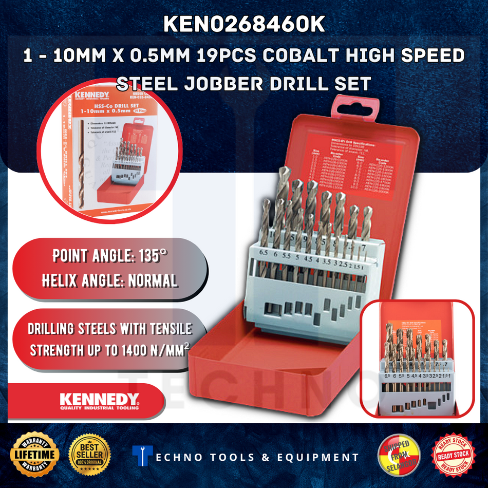 KENNEDY KEN0268460K SET OF 19 HSS-COBALT S/SDRILLS 1-10mm x 0.50mm