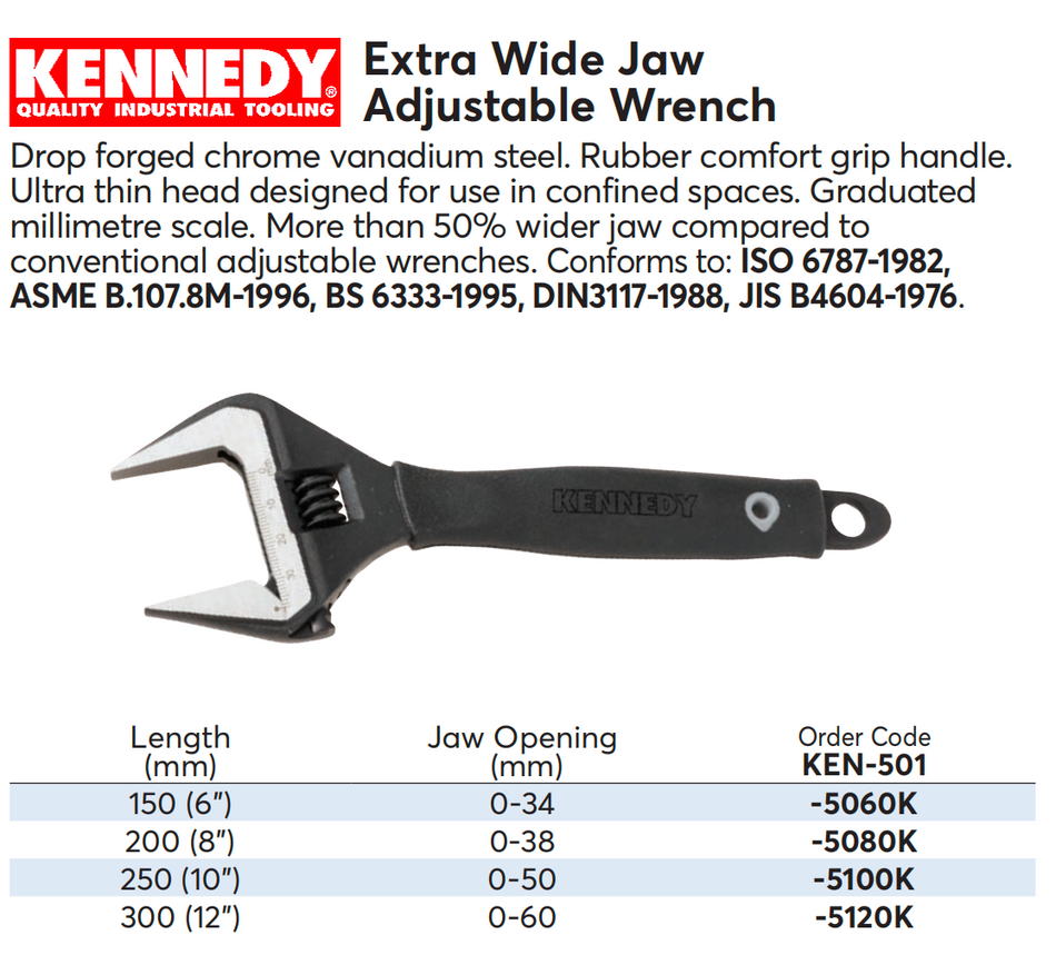 Kennedy Extra Wide Jaw Adjustable Spanner 6"-12" | Chrome Vanadium Steel Adjustable Wrench | KEN5015060K KEN5015080K KEN5015100K KEN5015120K KENNEDY