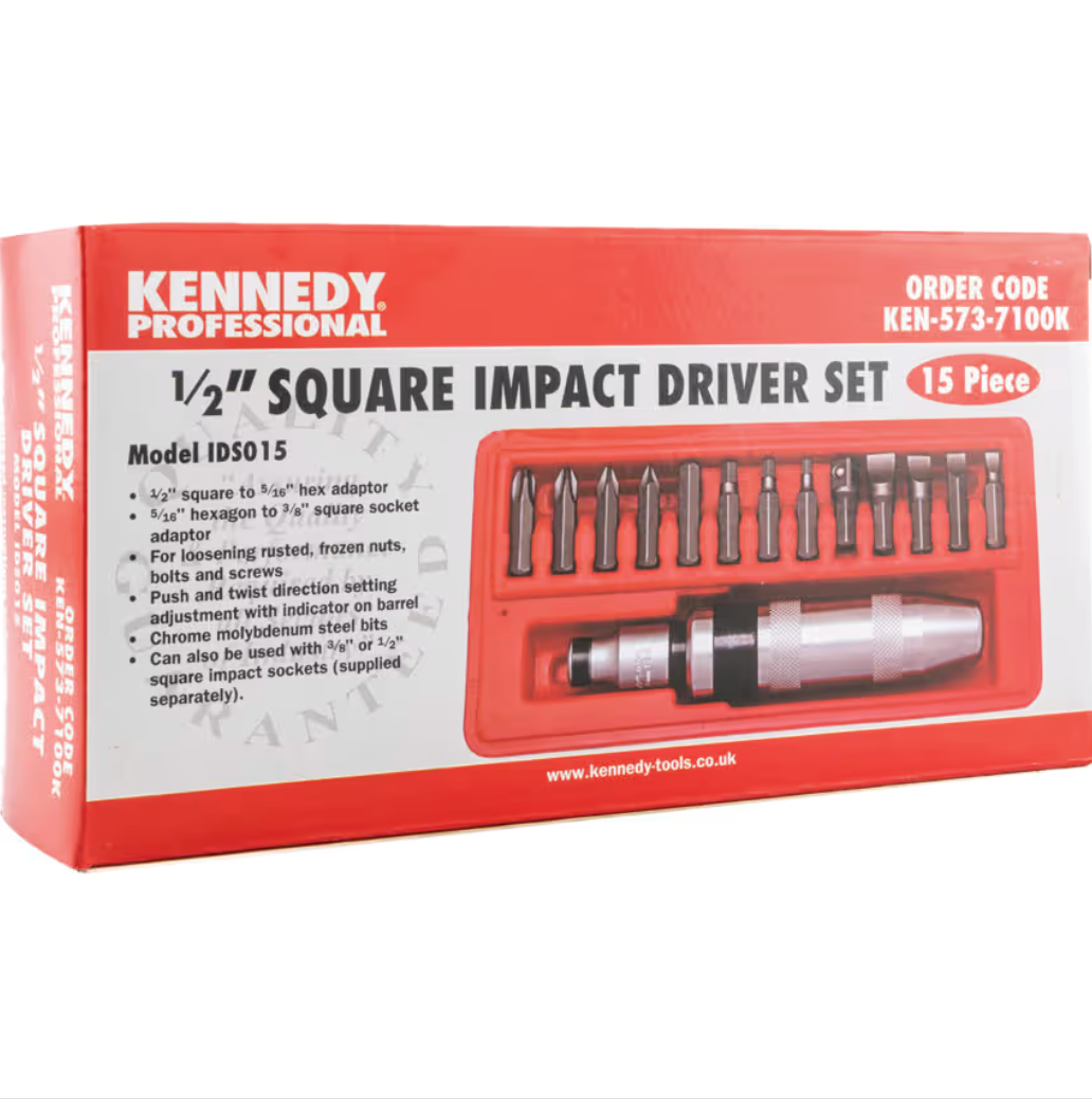 KENNEDY KEN5737100K outer box view. 15-piece 1/2″ square drive impact driver set with forward/reverse action. Ideal for loosening or tightening stuck fasteners.