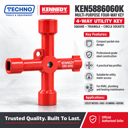 A red four-way utility key tool by Kennedy Tools & Equipment, shown on a light gray background with product branding, model number KEN58886060K, and feature callouts.