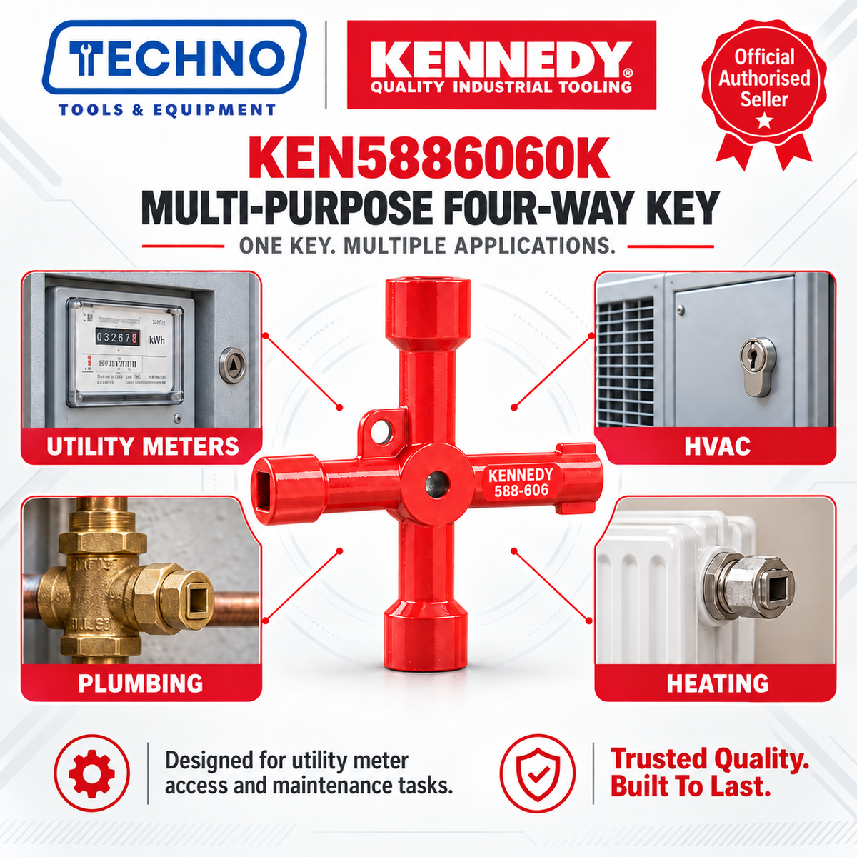 A red four-way key tool by Techno Tools & Equipment and Kennedy, shown in the center of a promotional graphic with four inset application images for utility meters, HVAC, plumbing, and heating. Text highlights the model KEN5886060 and states it is a multi-purpose four-way key.