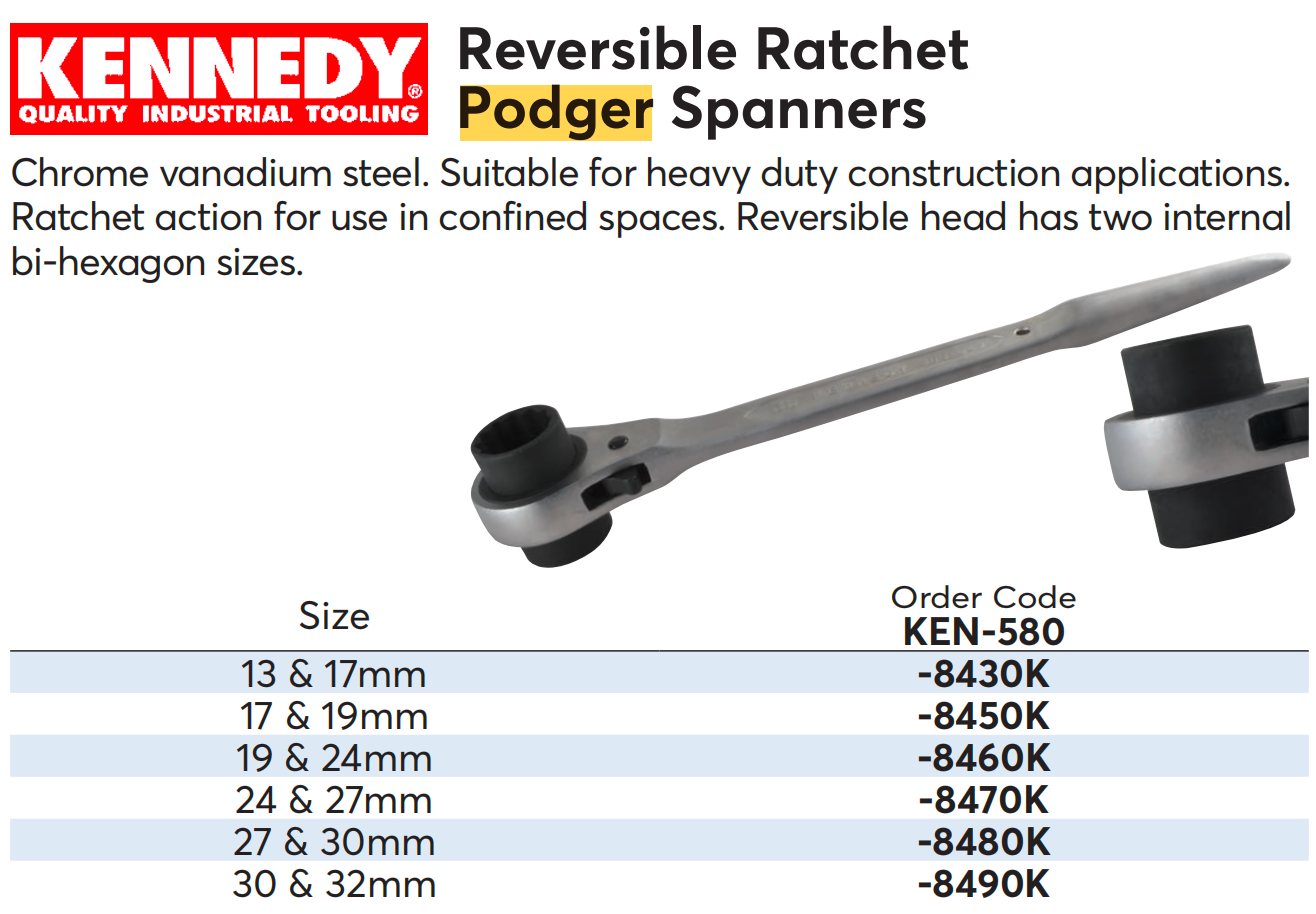 Kennedy Ratchet Podger Spanner | Reversible Chrome Vanadium Black Oxide | 13-32mm KENNEDY