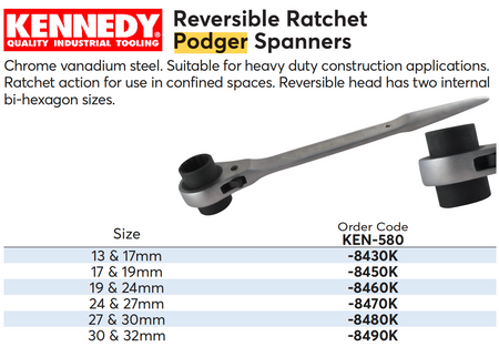 Kennedy Ratchet Podger Spanner | Reversible Chrome Vanadium Black Oxide | 13-32mm KENNEDY
