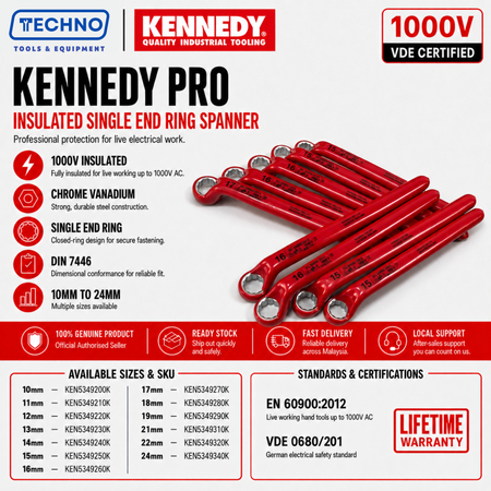 Kennedy Pro Insulated Single End Ring Spanner 1000V VDE | Metric 10-24mm Chrome Vanadium KENNEDY PRO