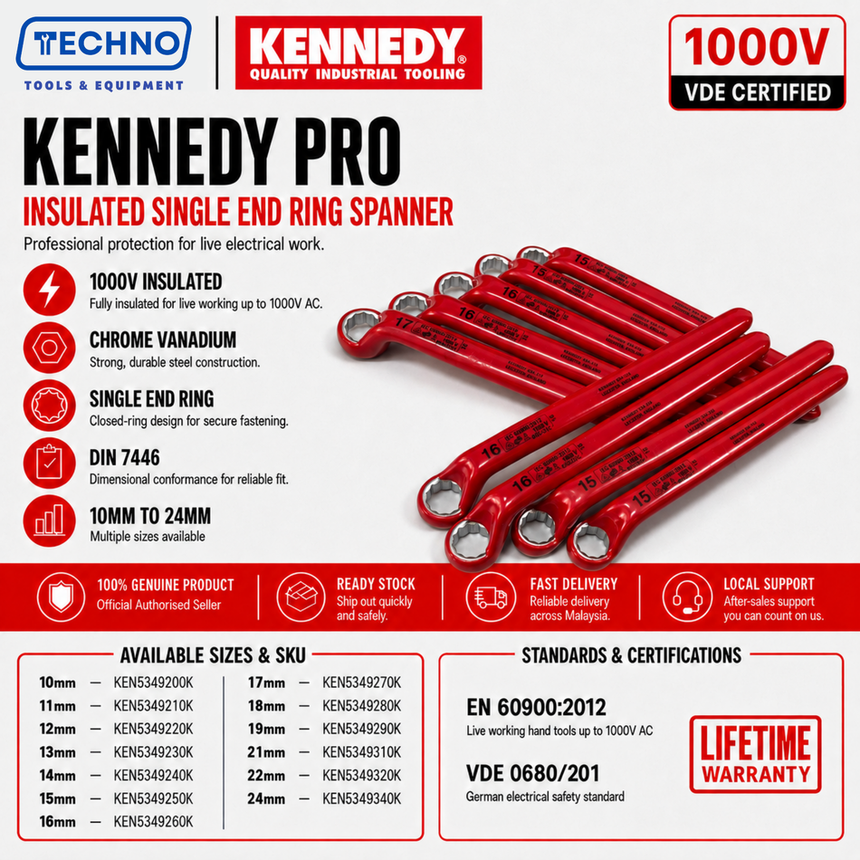 Kennedy Pro Insulated Single End Ring Spanner 1000V VDE | Metric 10-24mm Chrome Vanadium KENNEDY PRO