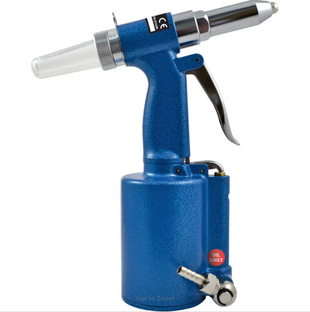 Side view of Kobe KBE2703710K, Red Line KRK001 Air Rivet Gun showing ergonomic pistol grip, 1/4" NPT air inlet, and safety collection cap.