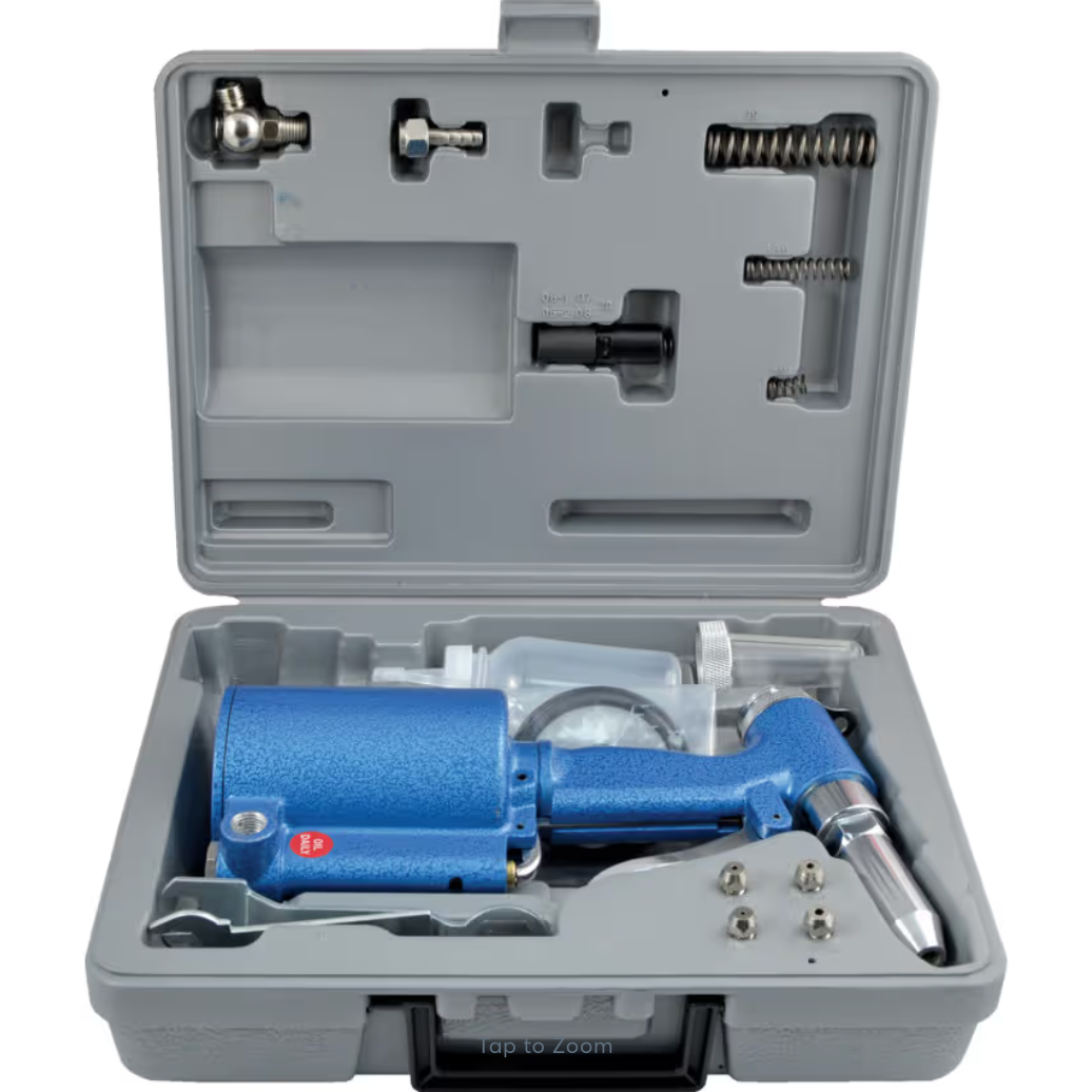 Open view of Kobe KRK001 Air Riveter Kit 1/4" NPT | 2.4mm – 4.8mm Capacity. Showing organized mole inserts, 4 nose pieces, starter rivets, and maintenance tools. Order now with code KBE2703710K.