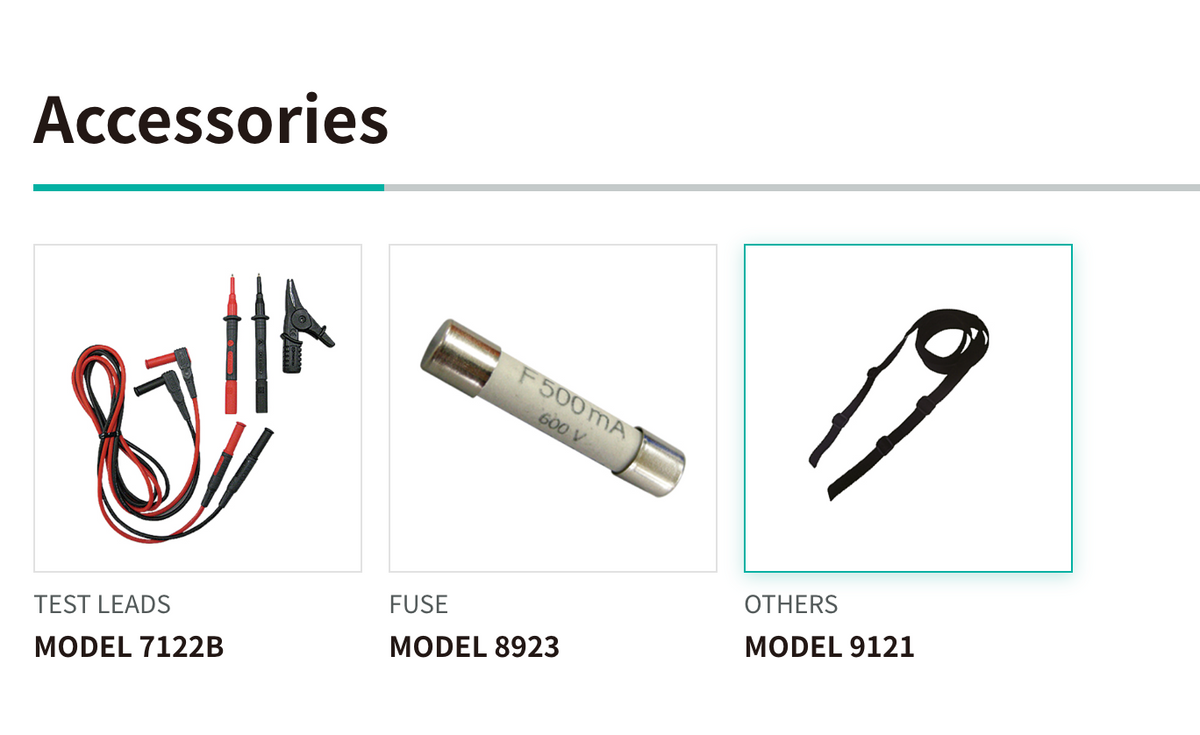 List of kyoritsu 3005a electronic accessories including test leads 7122b, fuse 8923, and Shoulder strap 9121