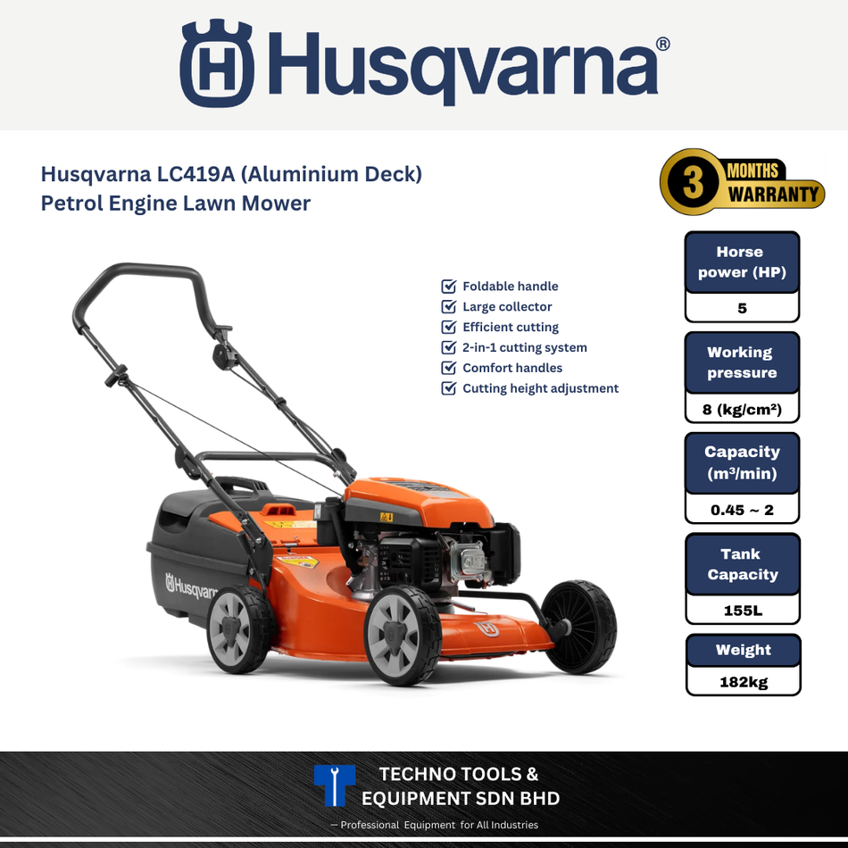 Husqvarna LC419A Petrol Engine Lawn Mower, 166cc, Cutting Width 48cm, Cutting Depth 16~80cm, 28kg