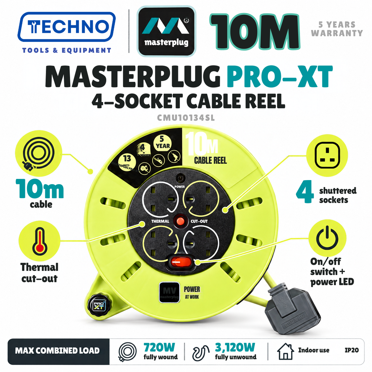 Techno Tools & Equipment Masterplug Pro-XT 10M 4-Socket Cable Reel CMU10134SL in lime green and black, shown with a power cord and surrounded by feature callout icons and text on a white background.