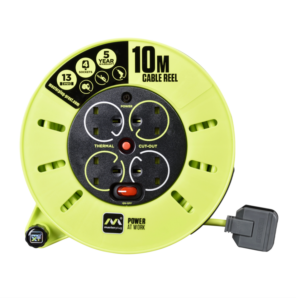 Masterplug Pro-XT CMU10134SL 10m cable reel with four sockets front view.