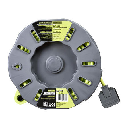 Masterplug Pro-XT CMU10134SL 10m cable reel with four sockets back view.