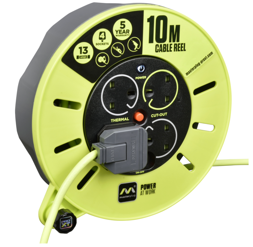 Masterplug Pro-XT CMU10134SL 10m cable reel with four sockets rear view.