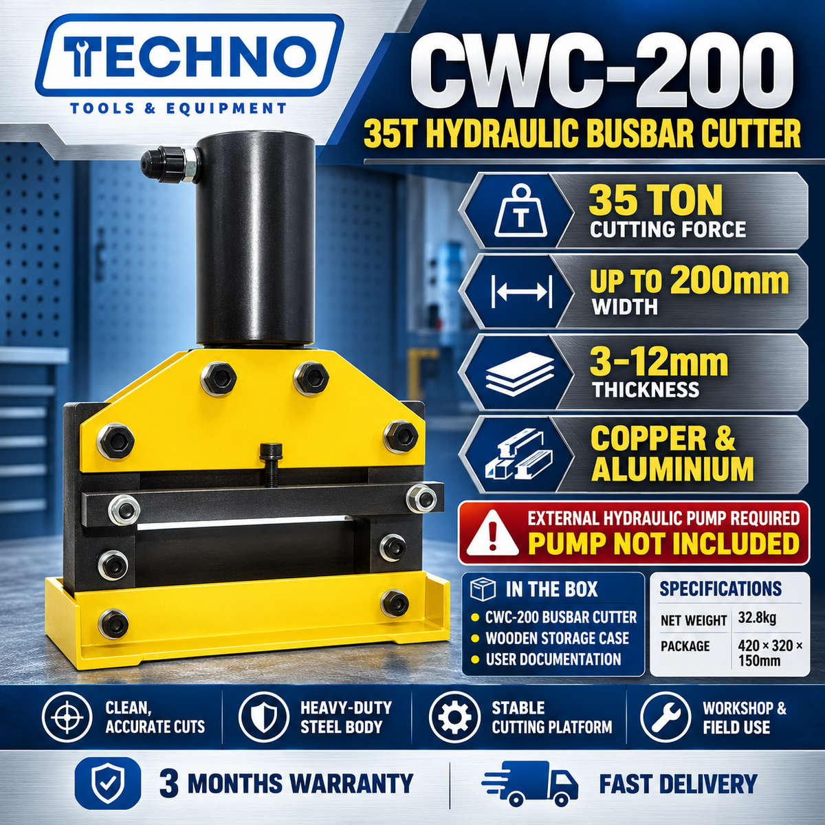 CWC-200 35T 3-12mm Hydraulic Busbar Cutter | 3 Months Warranty OEM