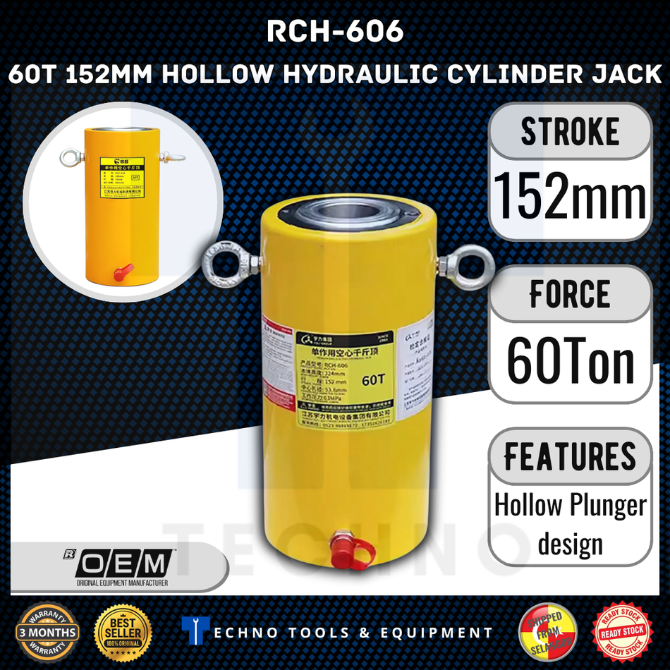 60T 50mm / 153mm Hydraulic Hollow Hole Cylinder Jack RCH-6050 RCH-606 100% New & Original