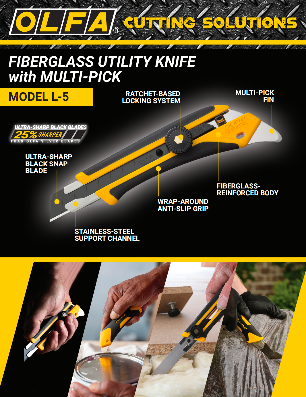 OLFA L-5 / L5-AL fiberglass utility knife with multi-pick features and usage scenarios.