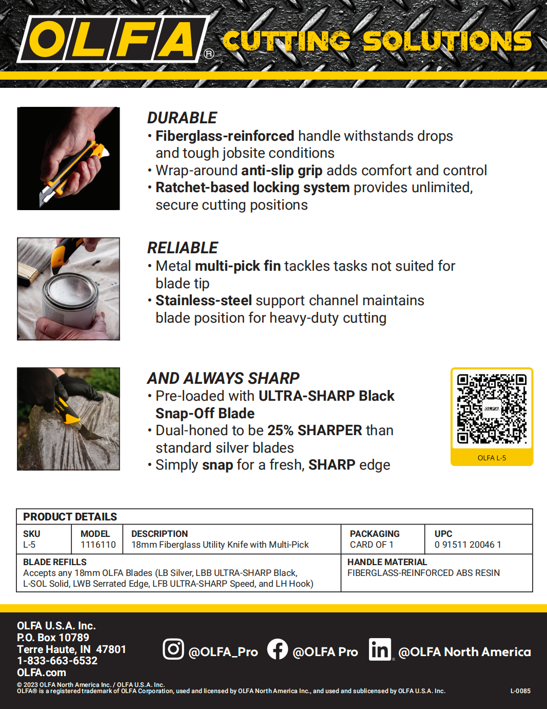 OLFA L-5 / L5-AL cutting tool advertisement with product features and details.