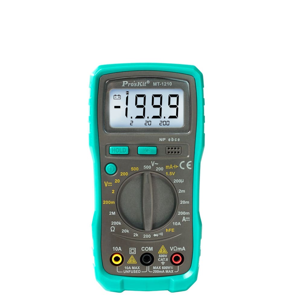 Pro'sKit MT-1210 compact digital multimeter, 3 1/2" digit, backlight, DC/AC voltage & current, resistance, diode & transistor test. Shop now!