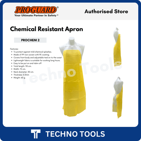 Yellow chemical resistant apron on a mannequin with Proguard branding and product details. Model are Prochem 2