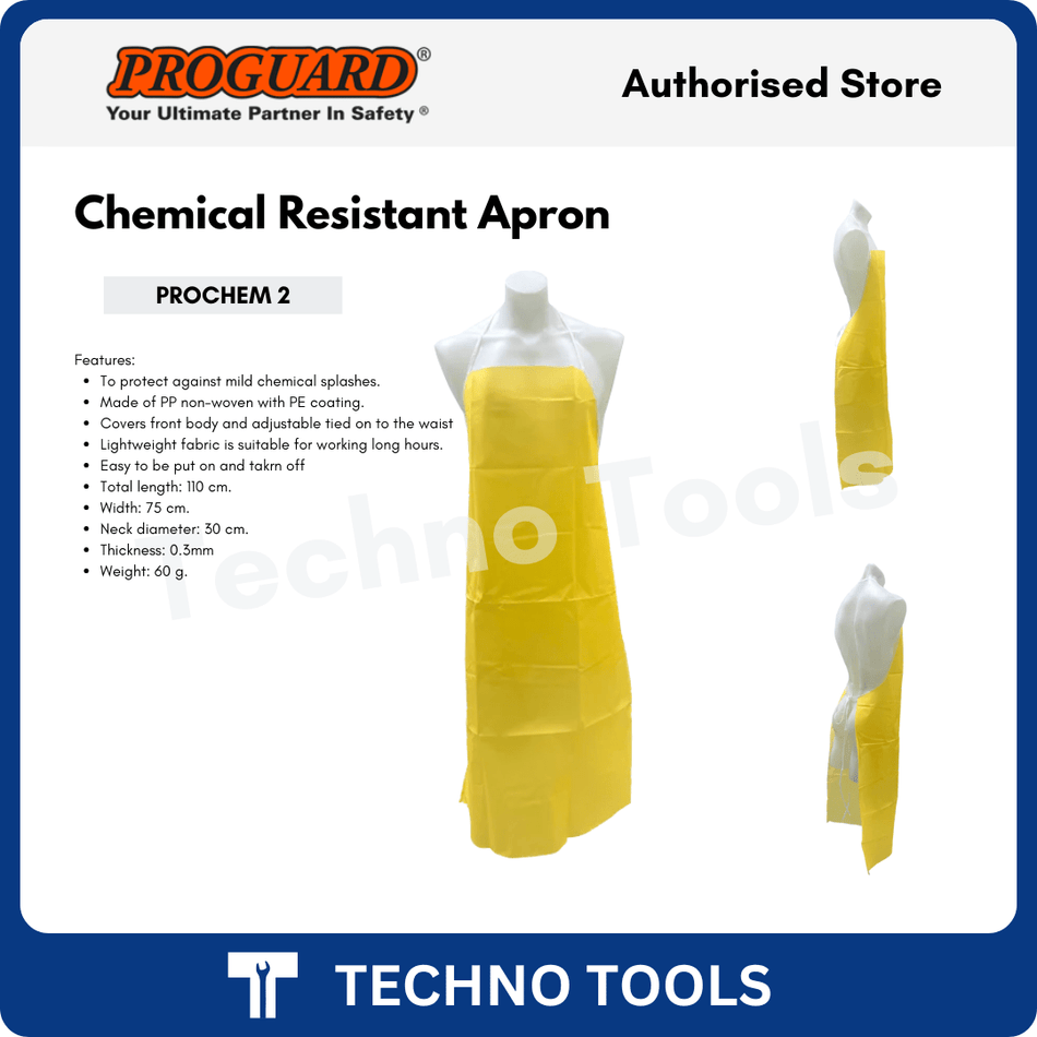 Yellow chemical resistant apron on a mannequin with Proguard branding and product details. Model are Prochem 2