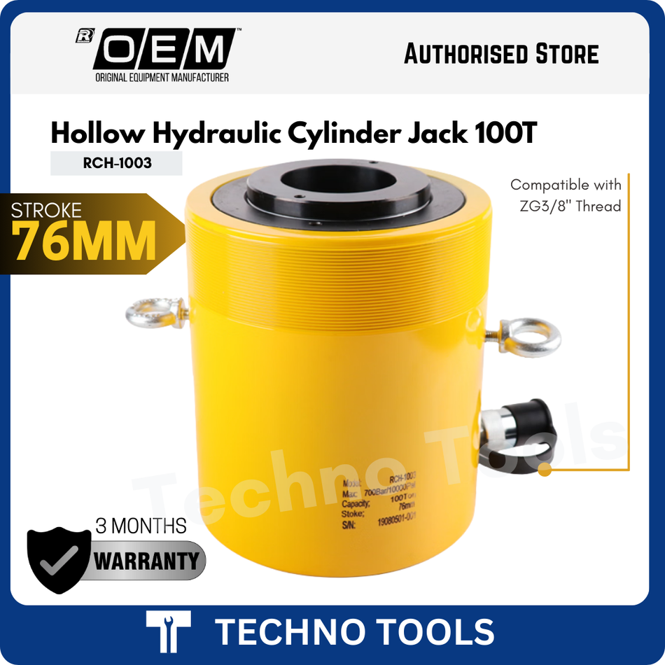 RCH-1003 100T Single-Acting Hollow-Plunger Hydraulic Cylinder Jack 76MM | 3 MONTHS WARRANTY