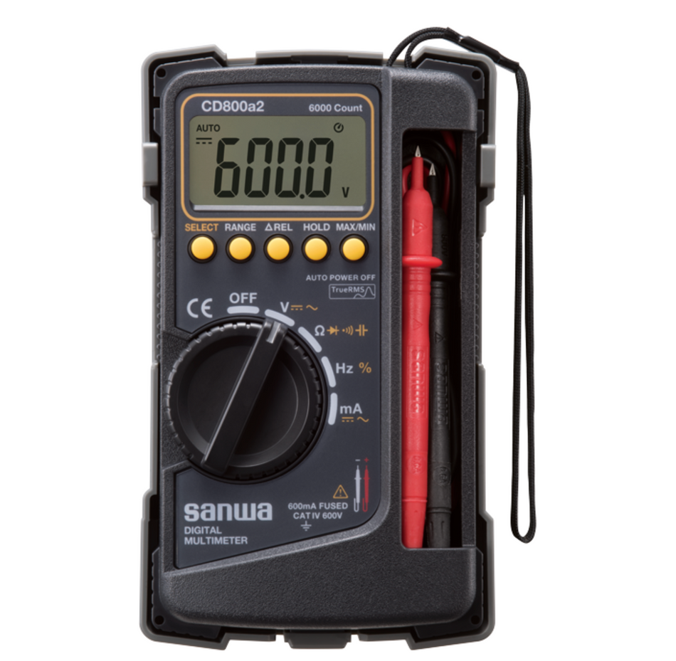 Sanwa CD800a2 digital multimeter with probes on a white background
