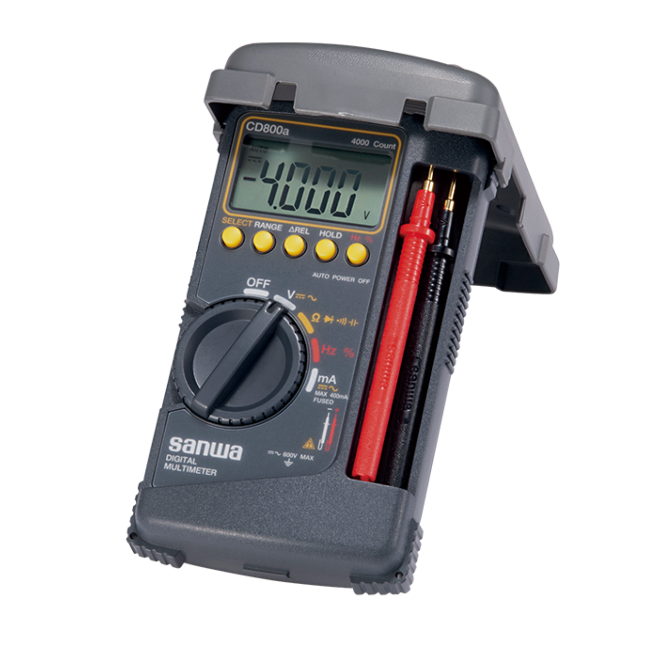 Sanwa cd800a3 multimeter with digital display, test leads holder, and Body Cover with a Tilt Stand.