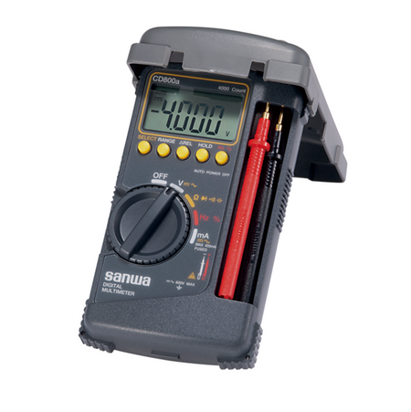 Sanwa cd800a3 multimeter with digital display, test leads holder, and Body Cover with a Tilt Stand.