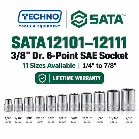 Shop SATA12101-12111 3/8" Dr. 6-point SAE sockets, sizes 1/4" to 7/8". Durable, precision-machined, hand-tool use only. Lifetime warranty. 11 sizes available.