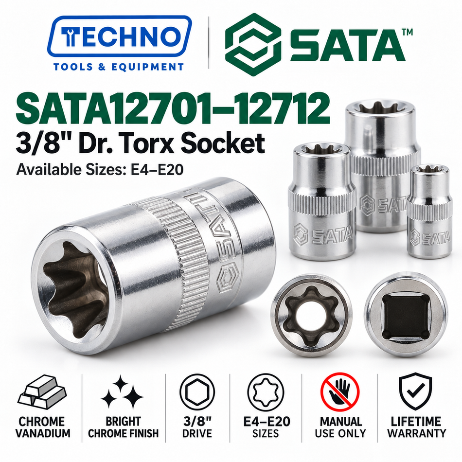 Shop SATA 3/8" Dr. E-Torx sockets, E4 to E20. Chrome vanadium steel, precision-machined, lifetime warranty. 12 sizes available.