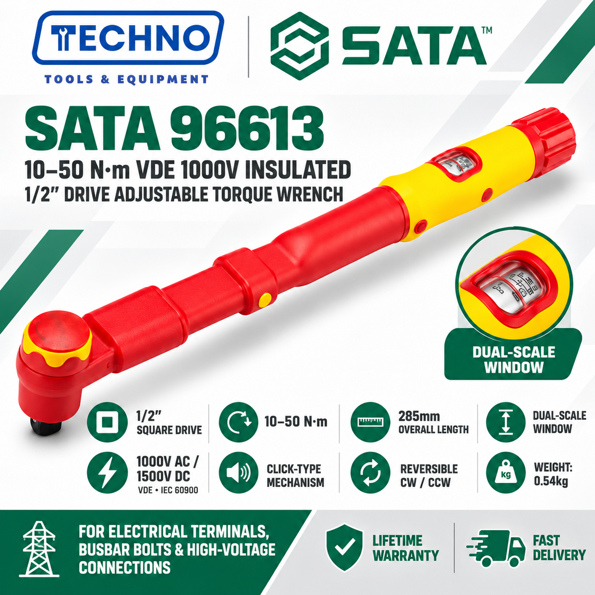 SATA VDE 1000V Insulated 1/2" Drive Adjustable Torque Wrench (96613 / 96615 / 96616) High Voltage Electrician Hand Tool SATA