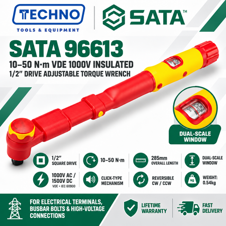SATA VDE 1000V Insulated 1/2" Drive Adjustable Torque Wrench (96613 / 96615 / 96616) High Voltage Electrician Hand Tool SATA