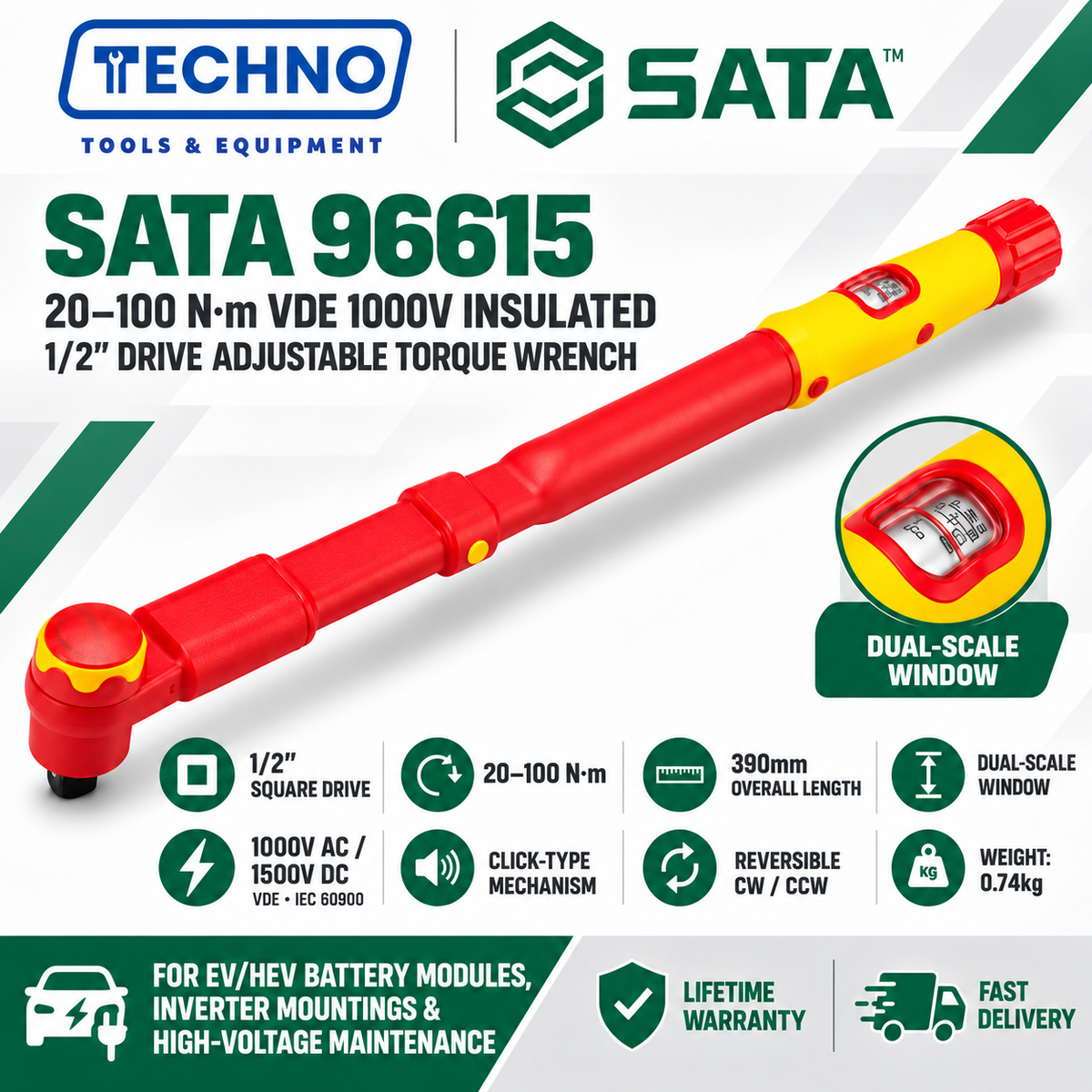 SATA VDE 1000V Insulated 1/2" Drive Adjustable Torque Wrench (96613 / 96615 / 96616) High Voltage Electrician Hand Tool SATA