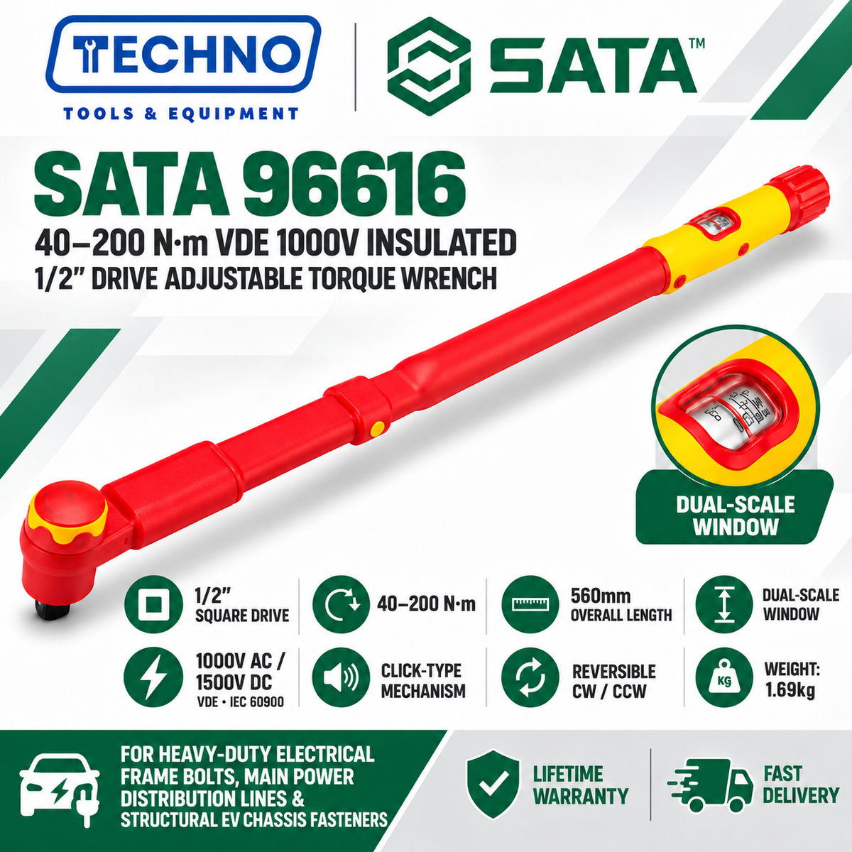 SATA VDE 1000V Insulated 1/2" Drive Adjustable Torque Wrench (96613 / 96615 / 96616) High Voltage Electrician Hand Tool SATA