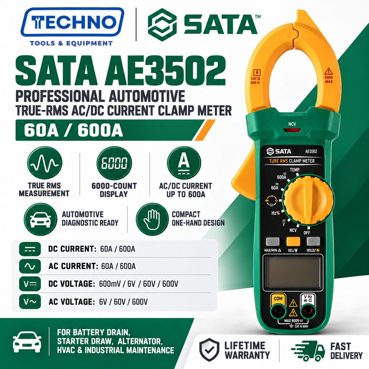 SATA AE3502 True RMS AC/DC Digital Clamp Meter 6000 Counts High Precision Multimeter Automotive Electrical Diagnostic Tool SATA