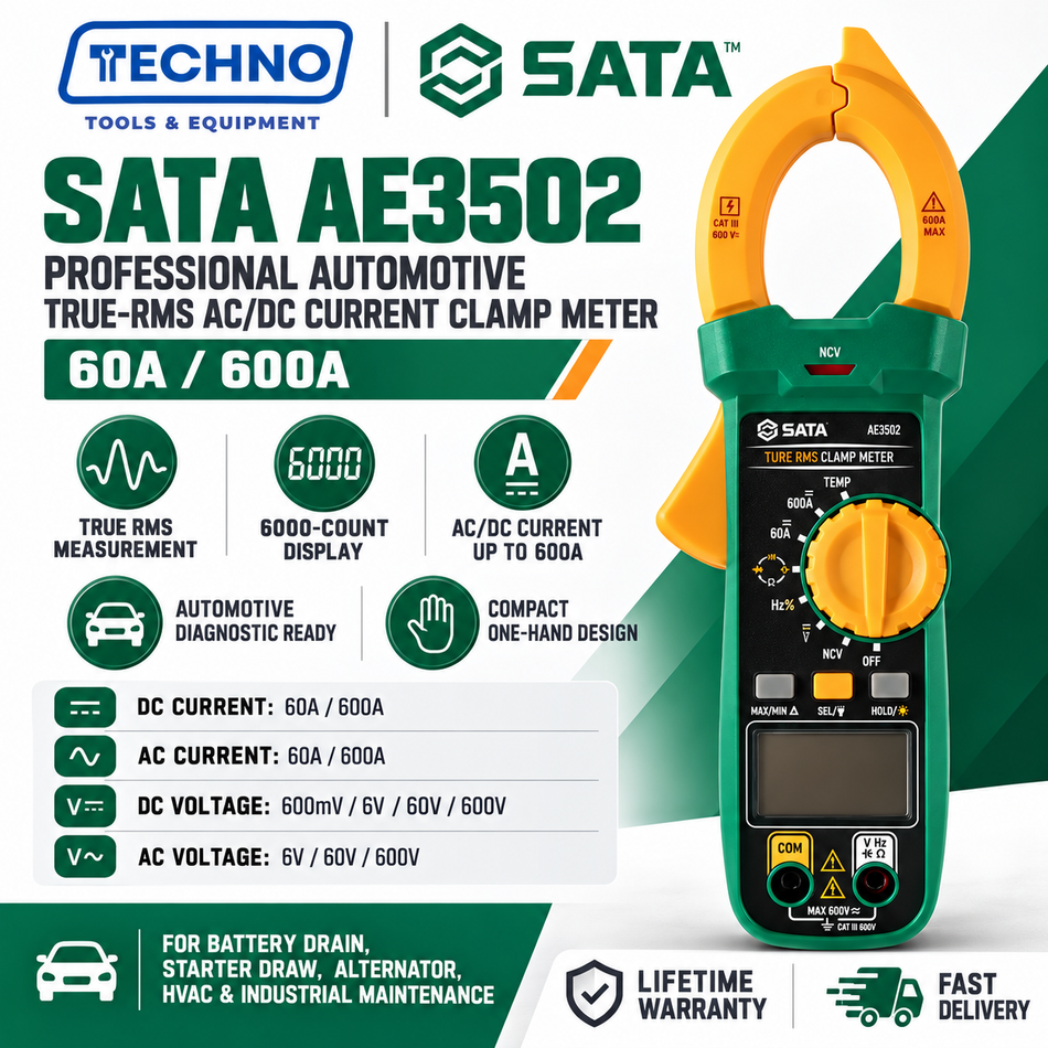SATA AE3502 True RMS AC/DC Digital Clamp Meter 6000 Counts High Precision Multimeter Automotive Electrical Diagnostic Tool SATA