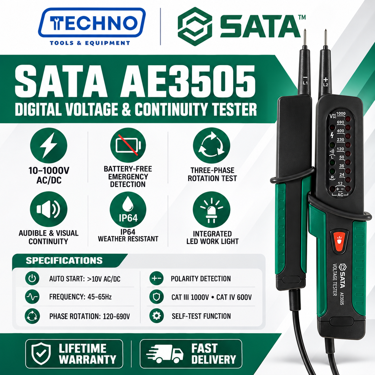 SATA AE3505 Digital Voltage & Continuity Tester Pen 10V-1000V AC/DC Three-Phase Tester IP64 SATA