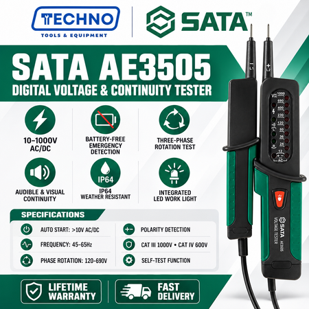 SATA AE3505 Digital Voltage & Continuity Tester Pen 10V-1000V AC/DC Three-Phase Tester IP64 SATA