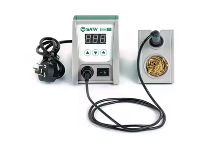 SATA 02003 ESD digital soldering station with fast heating, precise temp control 100-450°C & lead-free tips. Ideal for electronics repair.