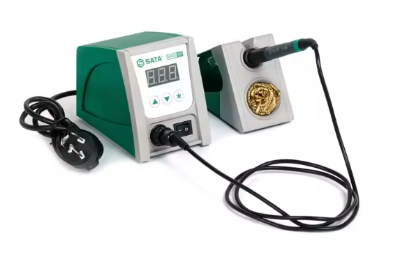 SATA 02003 ESD digital soldering station with fast heating, precise temp control 100-450°C & lead-free tips. Ideal for electronics repair.