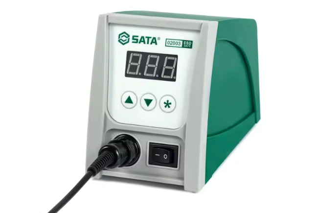 SATA 02003 ESD digital soldering station with fast heating, precise temp control 100-450°C & lead-free tips. Ideal for electronics repair.