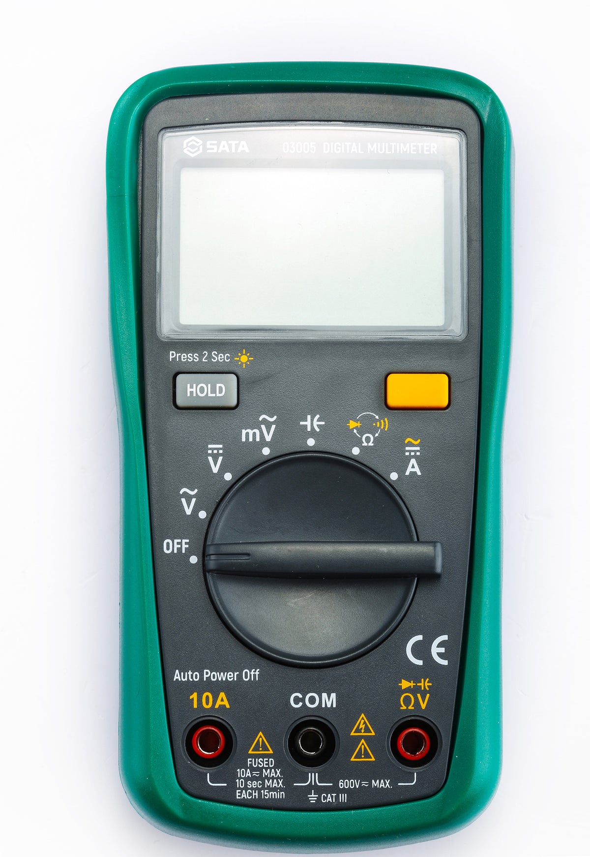 SATA 03005 mini digital multimeter with auto-range, CAT IV 600V safety, AC/DC voltage & current, resistance, capacitance & diode test.