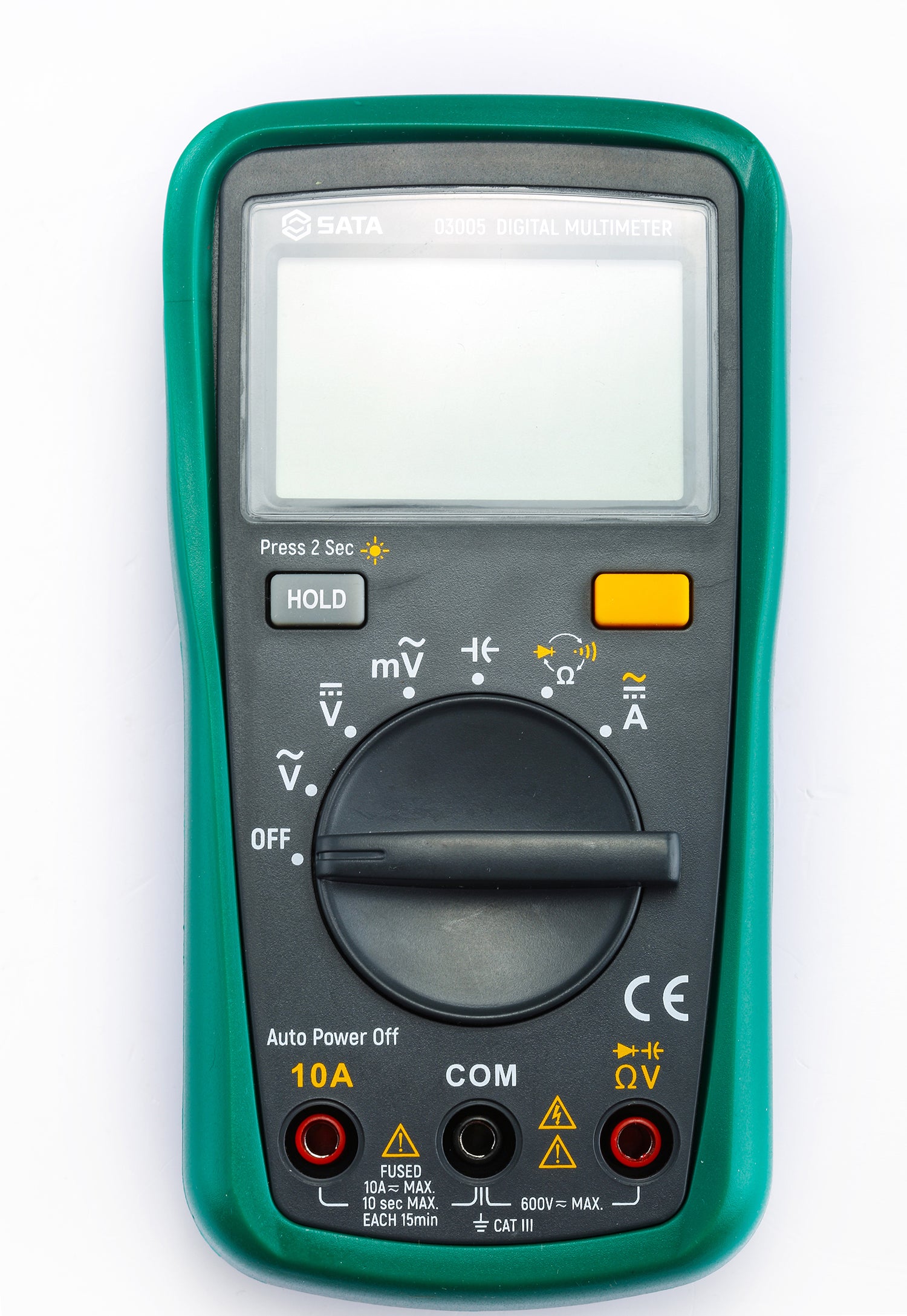 SATA 03005 mini digital multimeter with auto-range, CAT IV 600V safety, AC/DC voltage & current, resistance, capacitance & diode test.